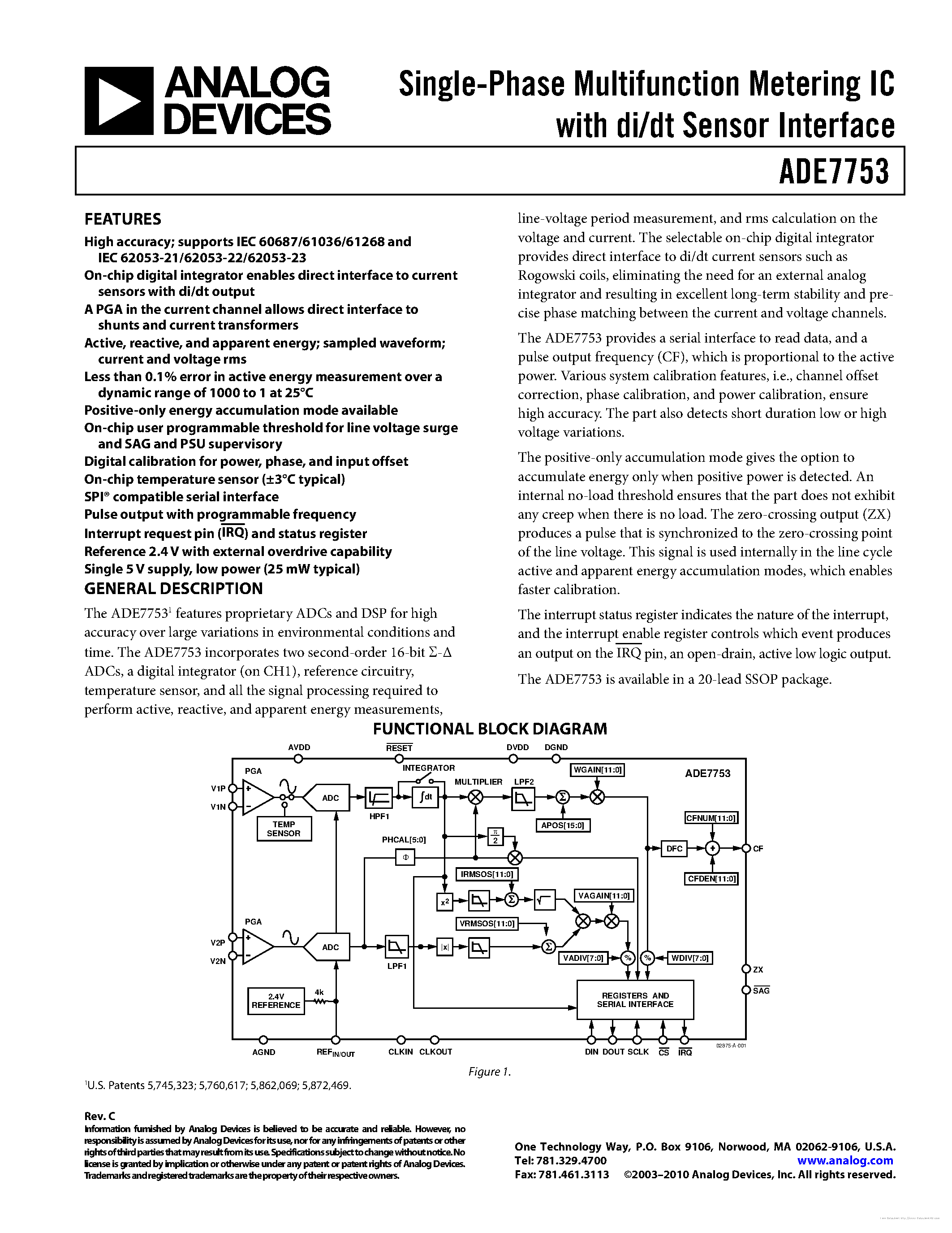 Даташит на микросхему ADE7753 страница 1 Даташит ADE7753 - страница 1