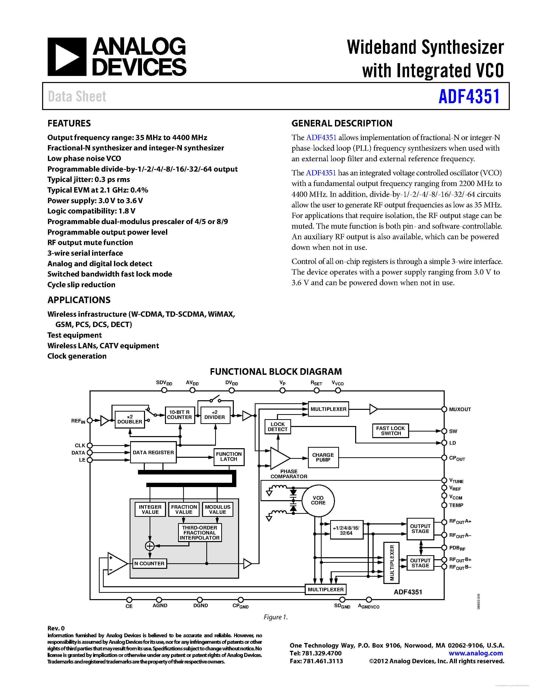 Даташит на микросхему ADF4351 страница 1 Даташит ADF4351 - страница 1