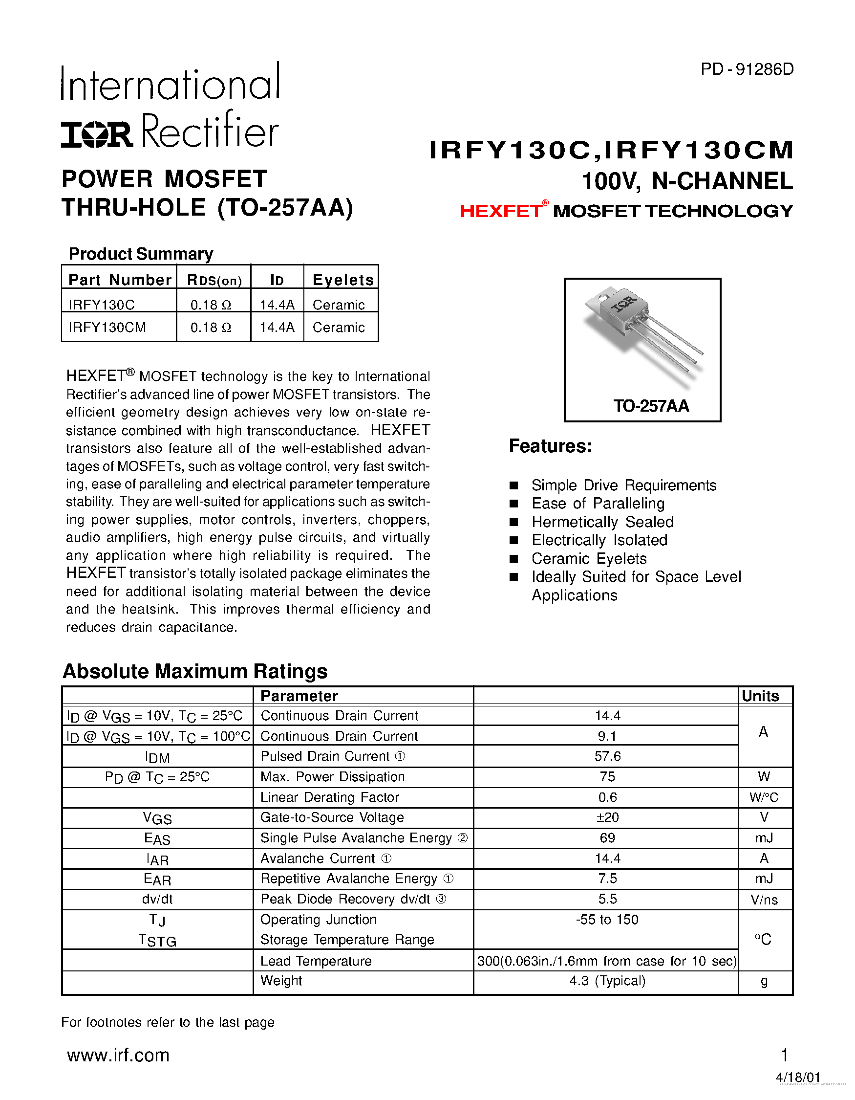 Даташит на микросхему IRFY130C страница 1 Даташит IRFY130C - страница 1