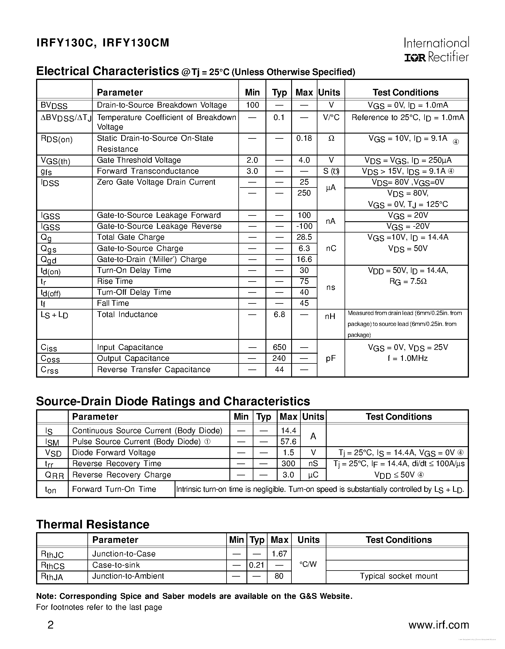 Даташит на микросхему IRFY130C страница 2 Даташит IRFY130C - страница 2