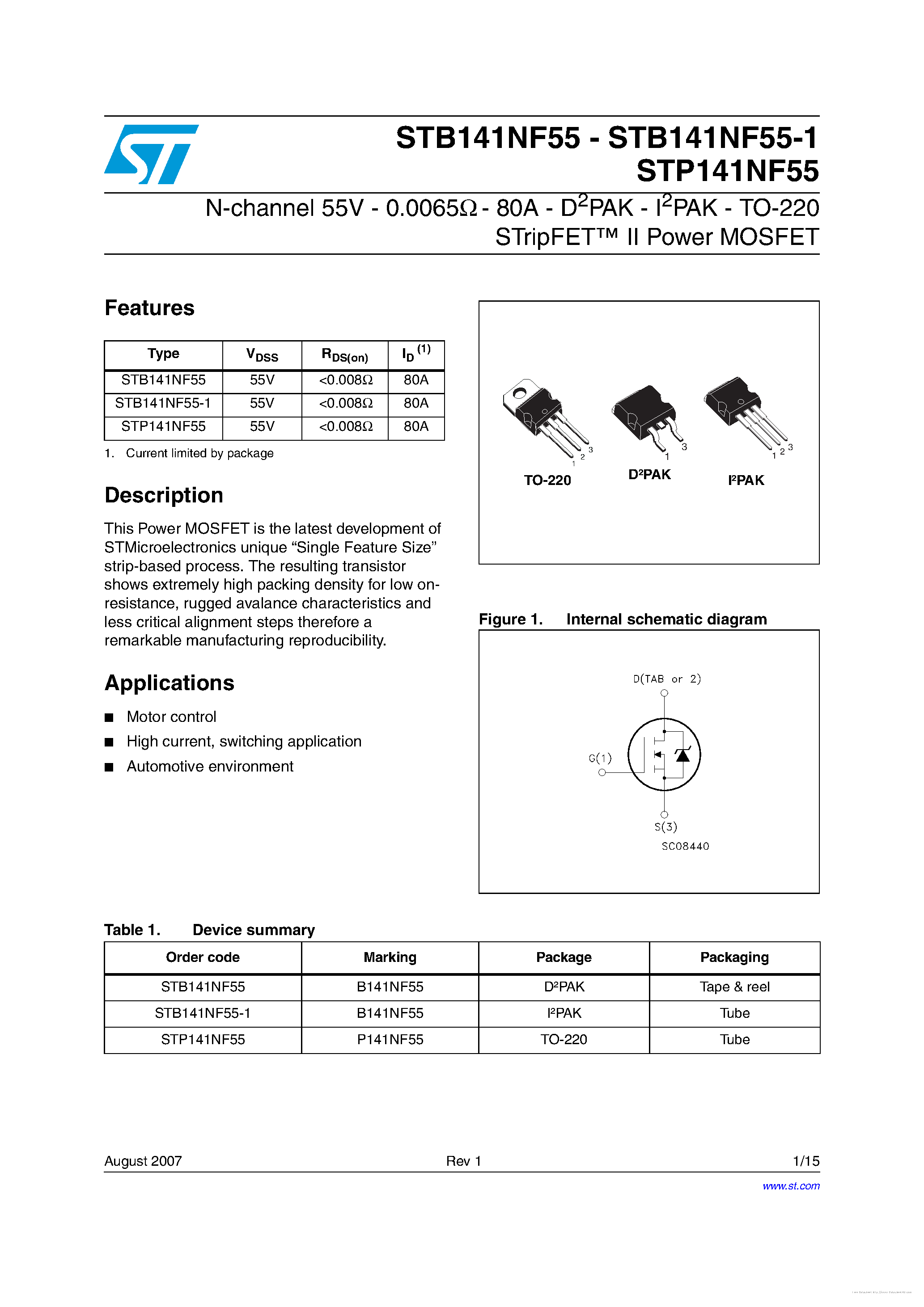 Datasheet STB141NF55 - page 1